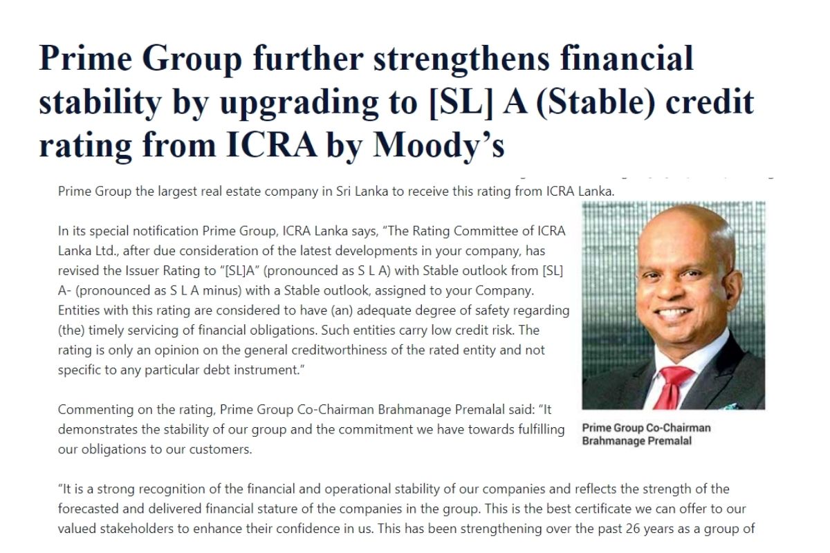 Prime Group Further Strengthens Financial Stability By Upgrading To [SL] A (Stable) Credit Rating From ICRA By Moody’s